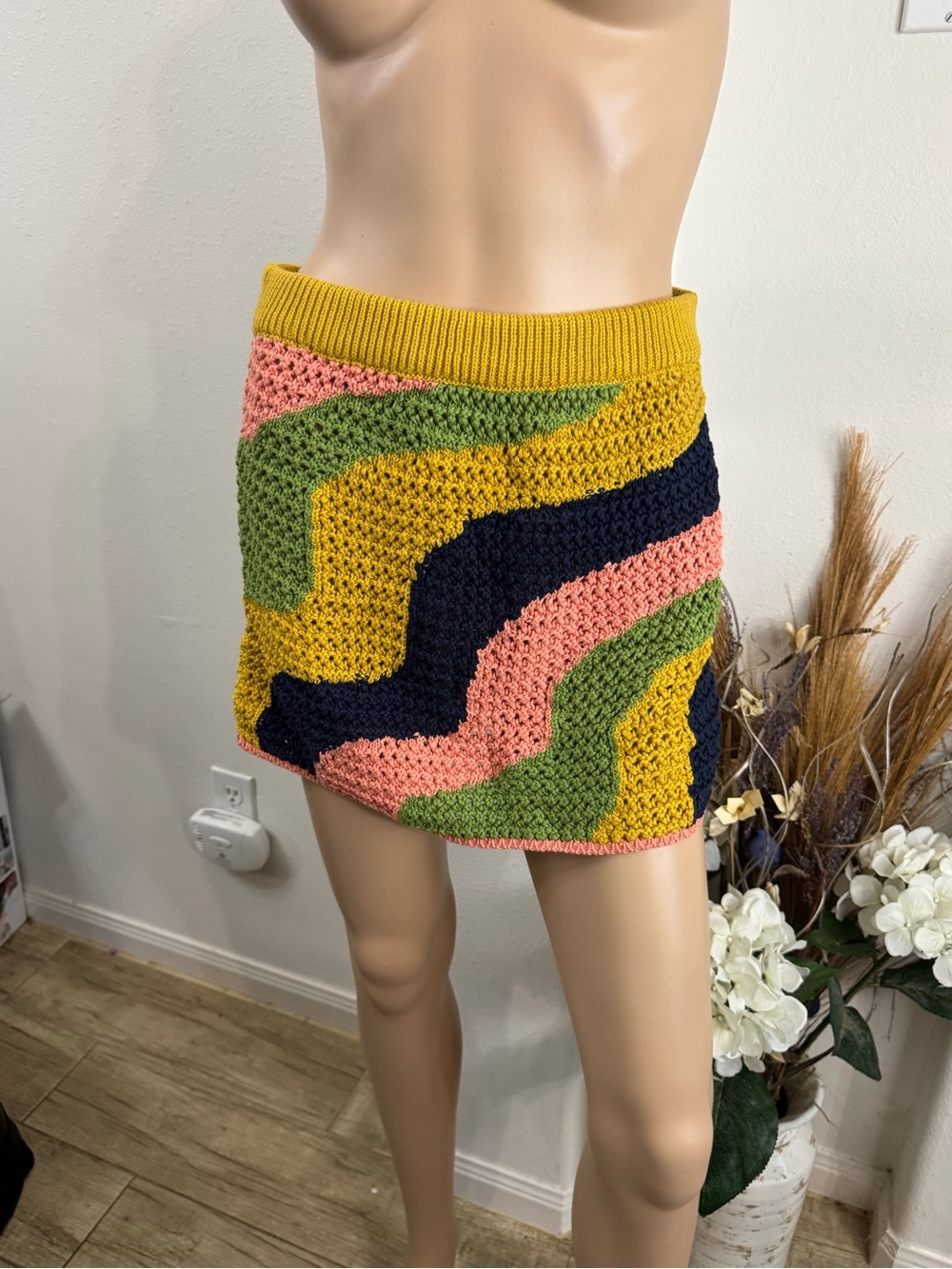 Free People Multicolor Crochet Wave Mini Skirt in Pink, Green, Yellow, Navy